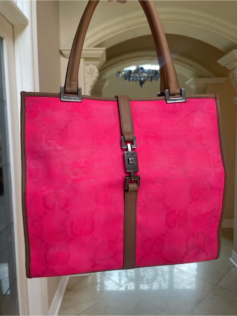 Gucci custom neon pink large GG mono print canvas tan leather